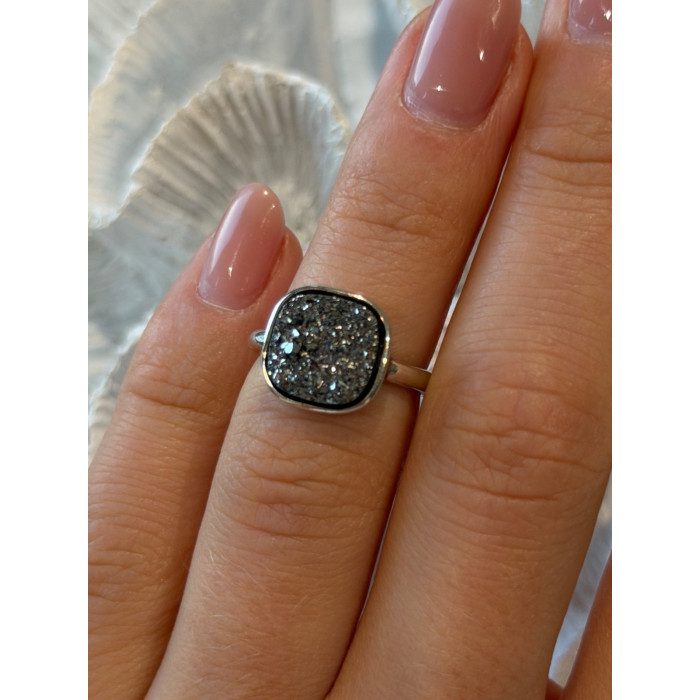 925 Sterling Silver Black Druzy Quartz Ring Size 5