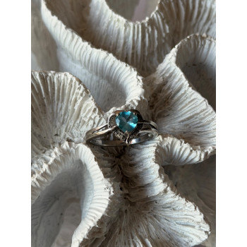 925 Sterling Silver Blue Topaz Heart & Diamond Ring Size 9