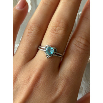 925 Sterling Silver Blue Topaz Heart & Diamond Ring Size 9