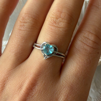 925 Sterling Silver Blue Topaz Heart & Diamond Ring Size 9