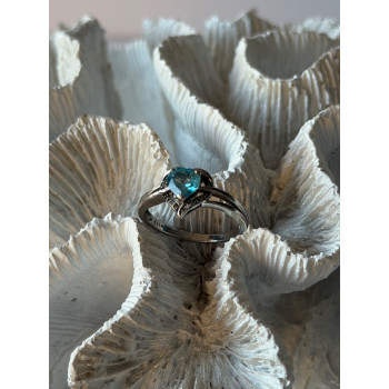 925 Sterling Silver Blue Topaz Heart & Diamond Ring Size 9