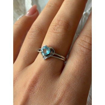 925 Sterling Silver Blue Topaz Heart & Diamond Ring Size 9