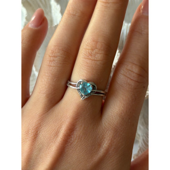 925 Sterling Silver Blue Topaz Heart & Diamond Ring Size 9