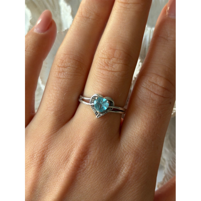 925 Sterling Silver Blue Topaz Heart & Diamond Ring Size 9