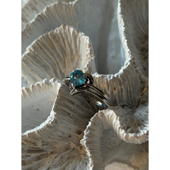 925 Sterling Silver Blue Topaz Heart & Diamond Ring Size 9