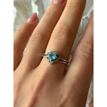 925 Sterling Silver Blue Topaz Heart & Diamond Ring Size 9