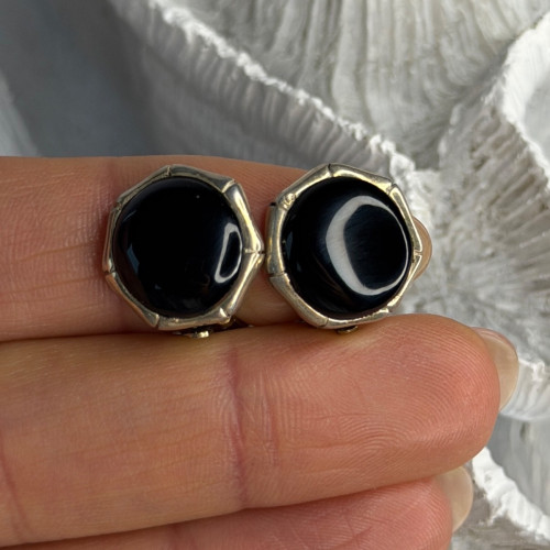 Vintage 925 Sterling Silver Black Onyx Clip-On Earrings