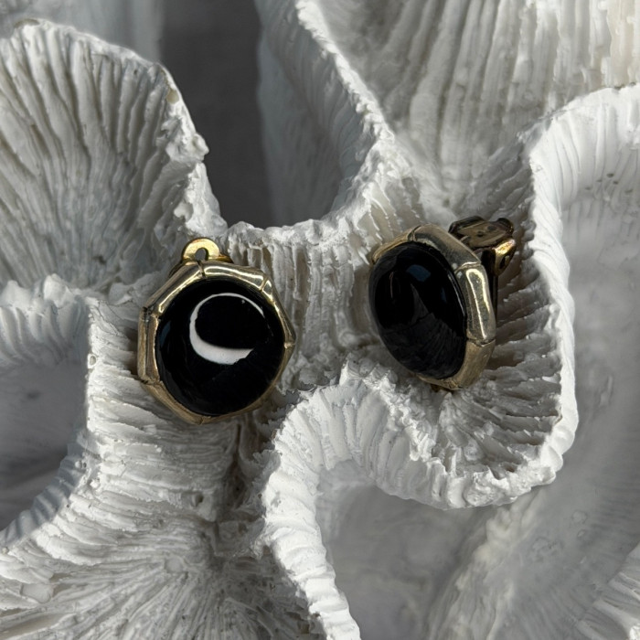 Vintage 925 Sterling Silver Black Onyx Clip-On Earrings