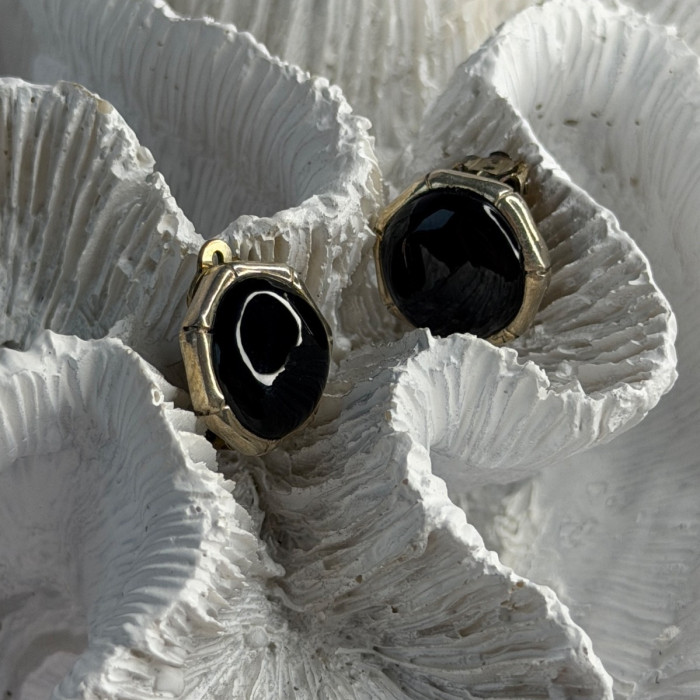 Vintage 925 Sterling Silver Black Onyx Clip-On Earrings