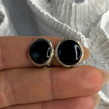 Vintage 925 Sterling Silver Black Onyx Clip-On Earrings