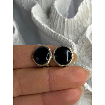 Vintage 925 Sterling Silver Black Onyx Clip-On Earrings