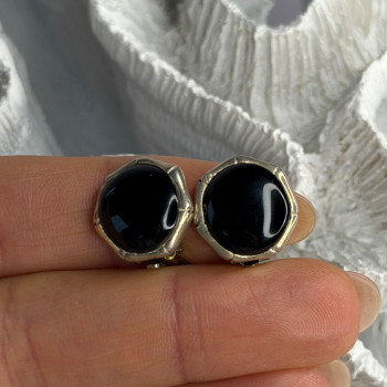 Vintage 925 Sterling Silver Black Onyx Clip-On Earrings