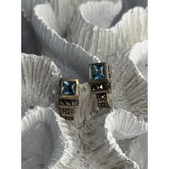 Vintage 925 Sterling Silver Blue Topaz & Marcasite Earrings
