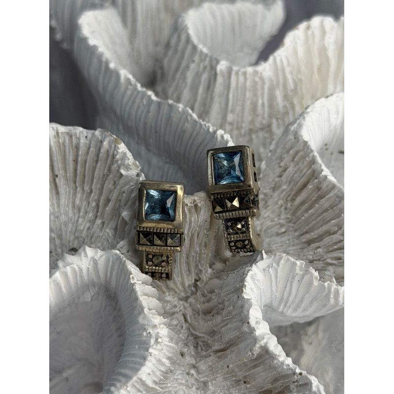 Vintage 925 Sterling Silver Blue Topaz & Marcasite Earrings