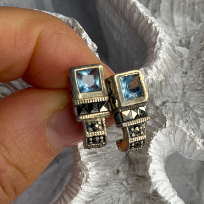 Vintage 925 Sterling Silver Blue Topaz & Marcasite Earrings