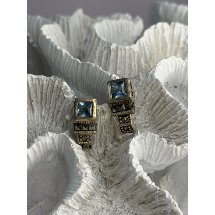 Vintage 925 Sterling Silver Blue Topaz & Marcasite Earrings