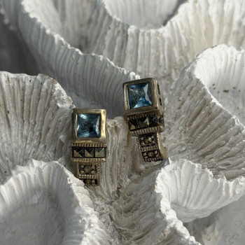 Vintage 925 Sterling Silver Blue Topaz & Marcasite Earrings
