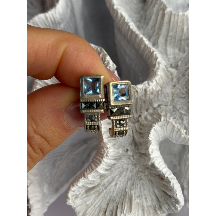 Vintage 925 Sterling Silver Blue Topaz & Marcasite Earrings