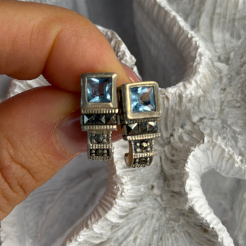 Vintage 925 Sterling Silver Blue Topaz & Marcasite Earrings