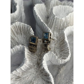 Vintage 925 Sterling Silver Blue Topaz & Marcasite Earrings