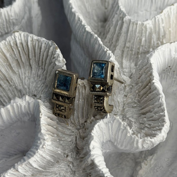 Vintage 925 Sterling Silver Blue Topaz & Marcasite Earrings
