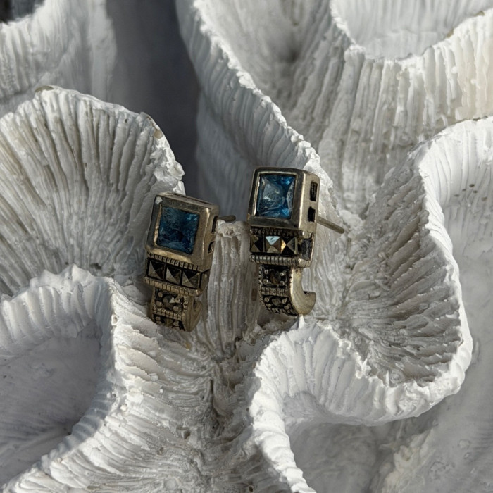 Vintage 925 Sterling Silver Blue Topaz & Marcasite Earrings