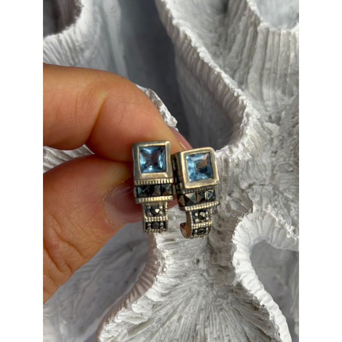 Vintage 925 Sterling Silver Blue Topaz & Marcasite Earrings