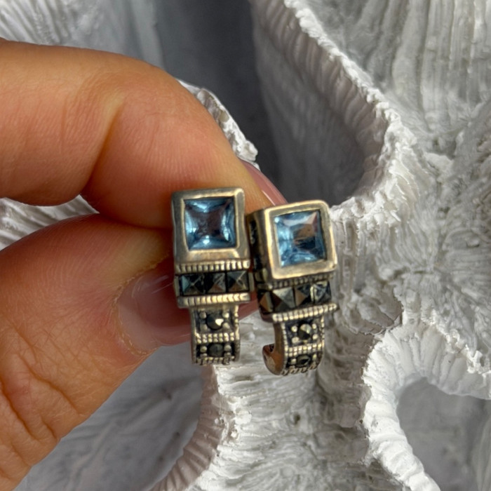 Vintage 925 Sterling Silver Blue Topaz & Marcasite Earrings