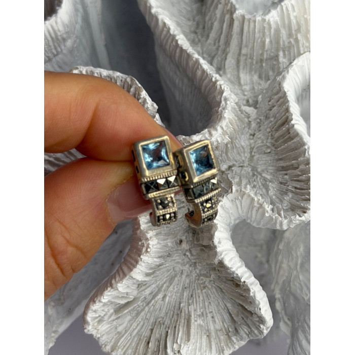 Vintage 925 Sterling Silver Blue Topaz & Marcasite Earrings