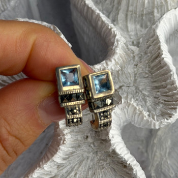 Vintage 925 Sterling Silver Blue Topaz & Marcasite Earrings