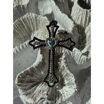 925 Sterling Silver Sapphire Beryl Topaz Heart Pendant Cross