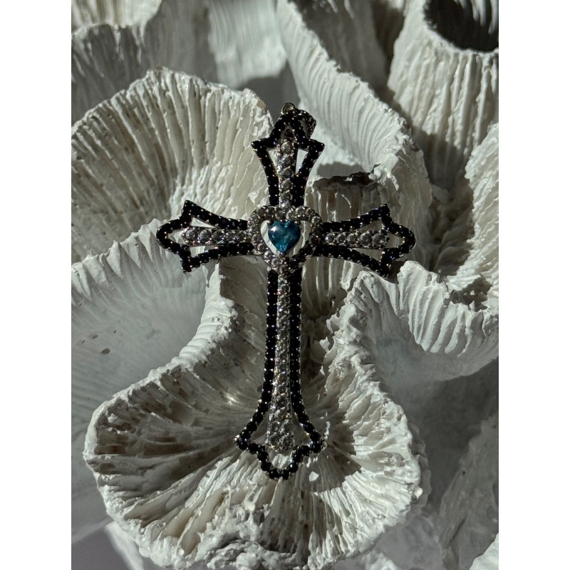 925 Sterling Silver Sapphire Beryl Topaz Heart Pendant Cross