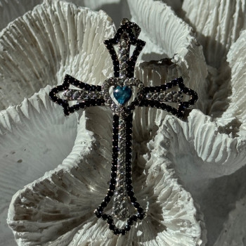 925 Sterling Silver Sapphire Beryl Topaz Heart Pendant Cross