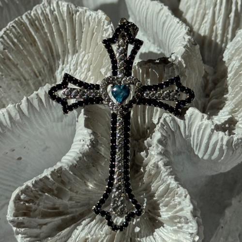 925 Sterling Silver Sapphire Beryl Topaz Heart Pendant Cross