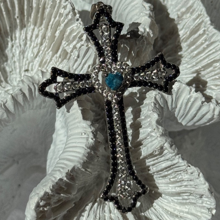 925 Sterling Silver Sapphire Beryl Topaz Heart Pendant Cross