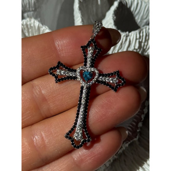 925 Sterling Silver Sapphire Beryl Topaz Heart Pendant Cross