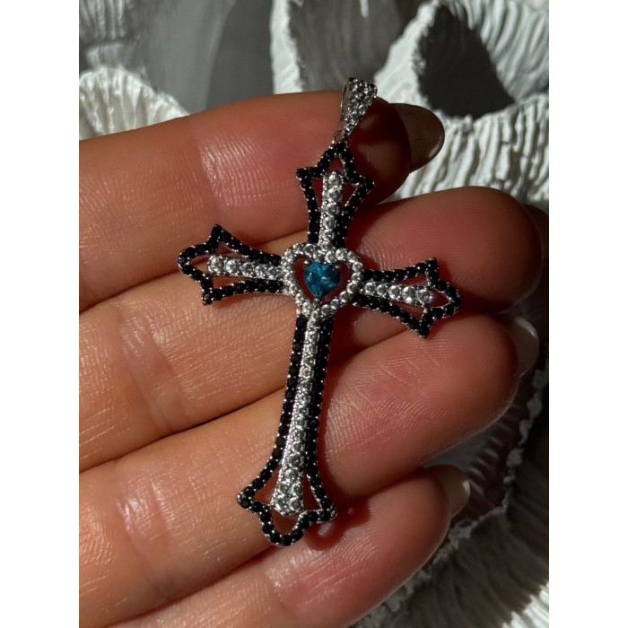 925 Sterling Silver Sapphire Beryl Topaz Heart Pendant Cross