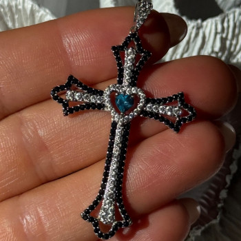 925 Sterling Silver Sapphire Beryl Topaz Heart Pendant Cross