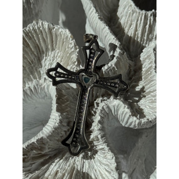 925 Sterling Silver Sapphire Beryl Topaz Heart Pendant Cross