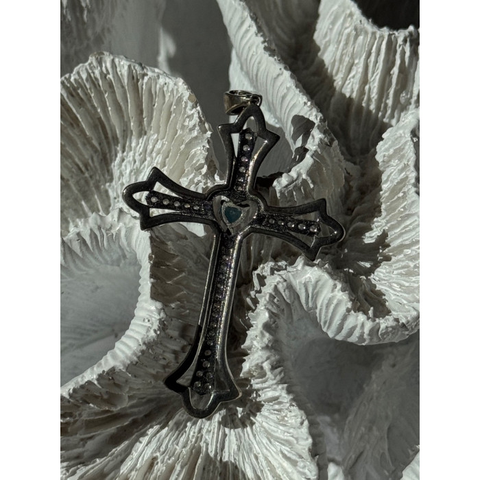 925 Sterling Silver Sapphire Beryl Topaz Heart Pendant Cross