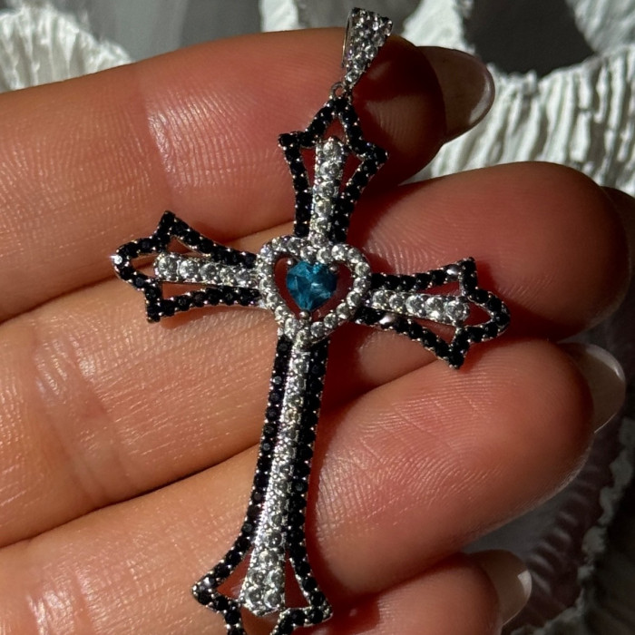 925 Sterling Silver Sapphire Beryl Topaz Heart Pendant Cross