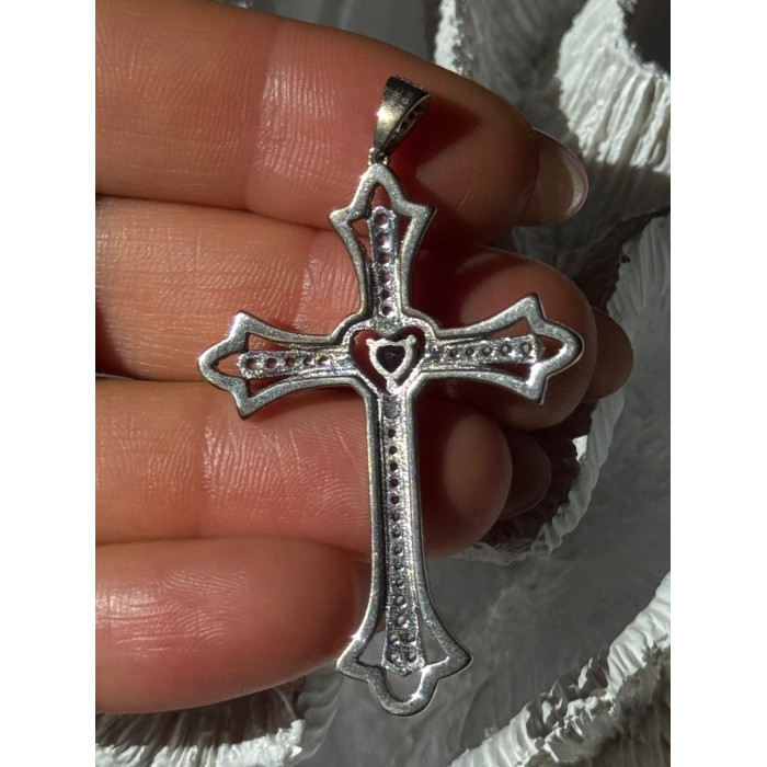 925 Sterling Silver Sapphire Beryl Topaz Heart Pendant Cross