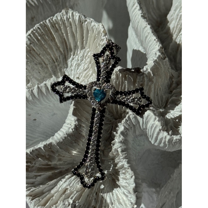 925 Sterling Silver Sapphire Beryl Topaz Heart Pendant Cross