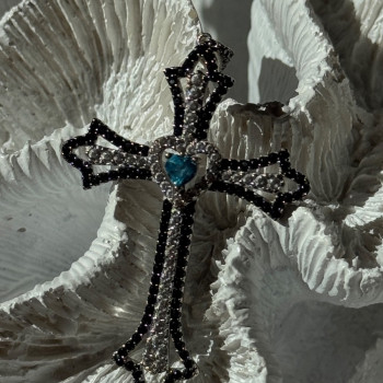 925 Sterling Silver Sapphire Beryl Topaz Heart Pendant Cross