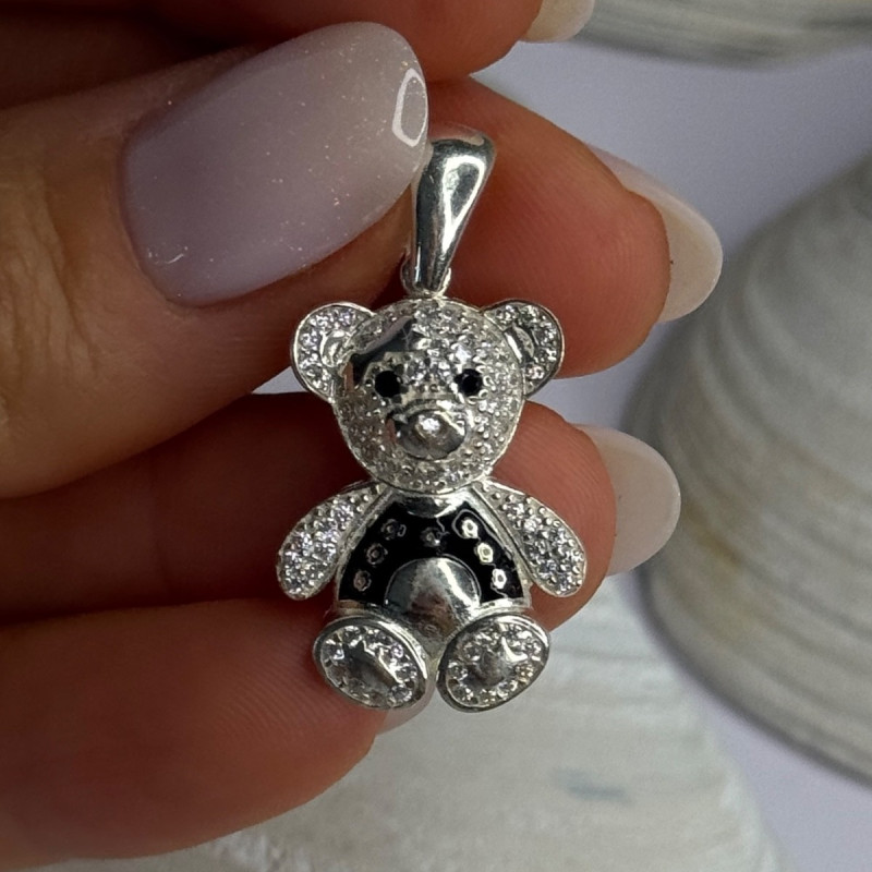 925 Sterling Silver Teddy Bear Cz Pendant Length 1.25 Inch