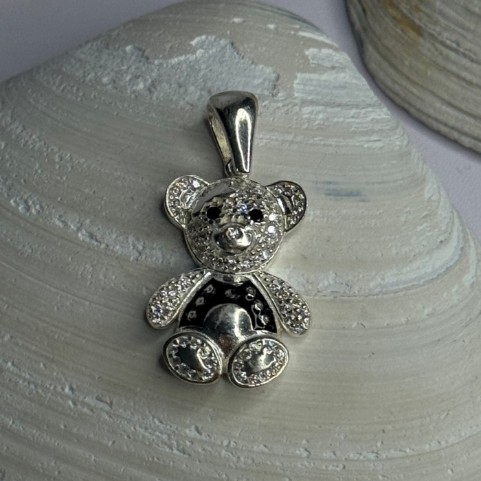 925 Sterling Silver Teddy Bear Cz Pendant Length 1.25 Inch