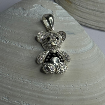 925 Sterling Silver Teddy Bear Cz Pendant Length 1.25 Inch