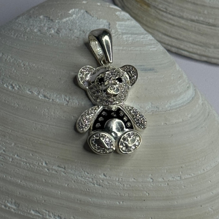 925 Sterling Silver Teddy Bear Cz Pendant Length 1.25 Inch