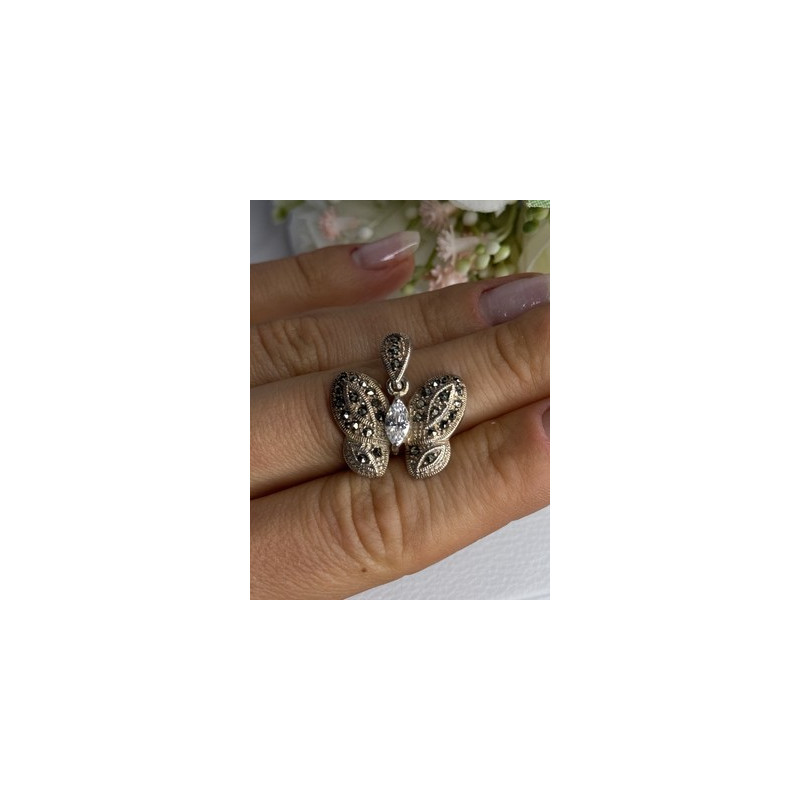 925 Sterling Silver Butterfly Beryl & Marcasite Pendant Length 0.90 Inch