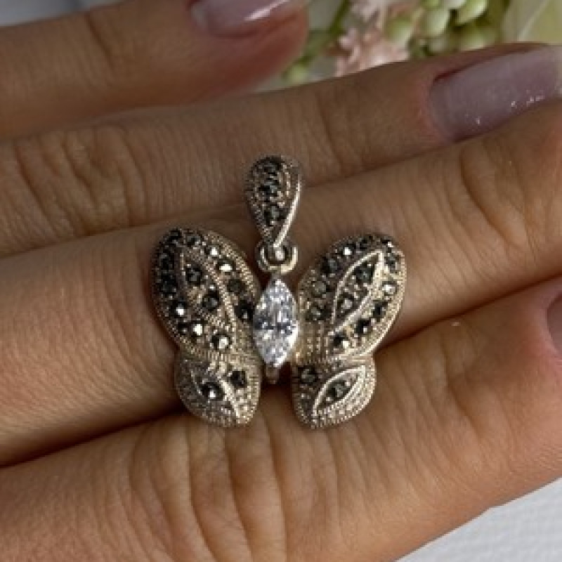 925 Sterling Silver Butterfly Beryl & Marcasite Pendant Length 0.90 Inch
